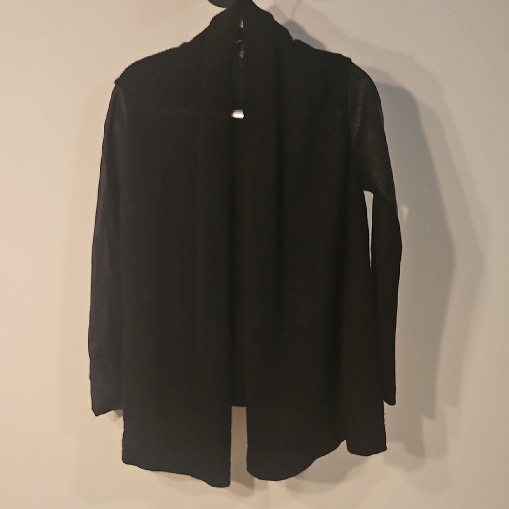 Vince Women's Black Open Front Cardigan Wool Lamb Leather Sweater Sz S